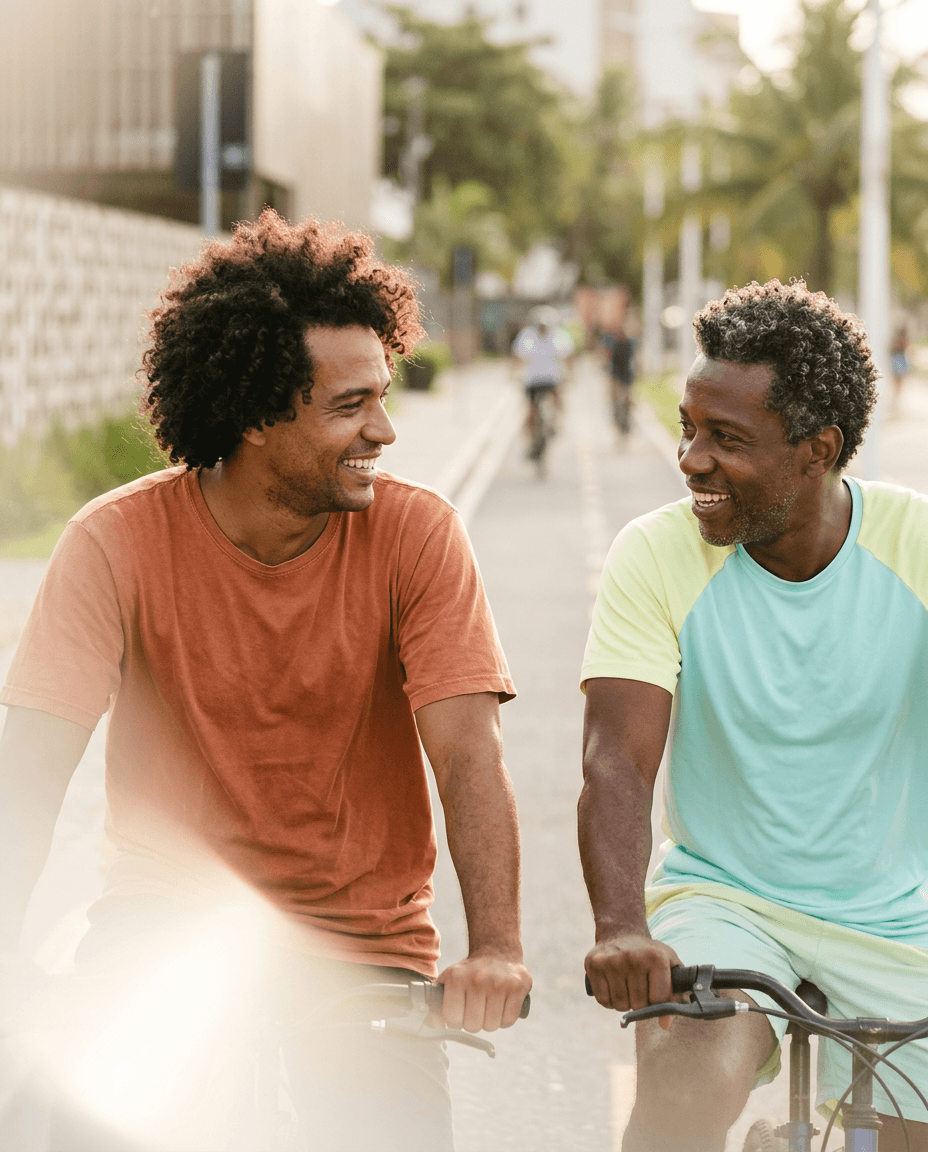 Dois homens sorriem enquanto pedalam por uma rua arborizada