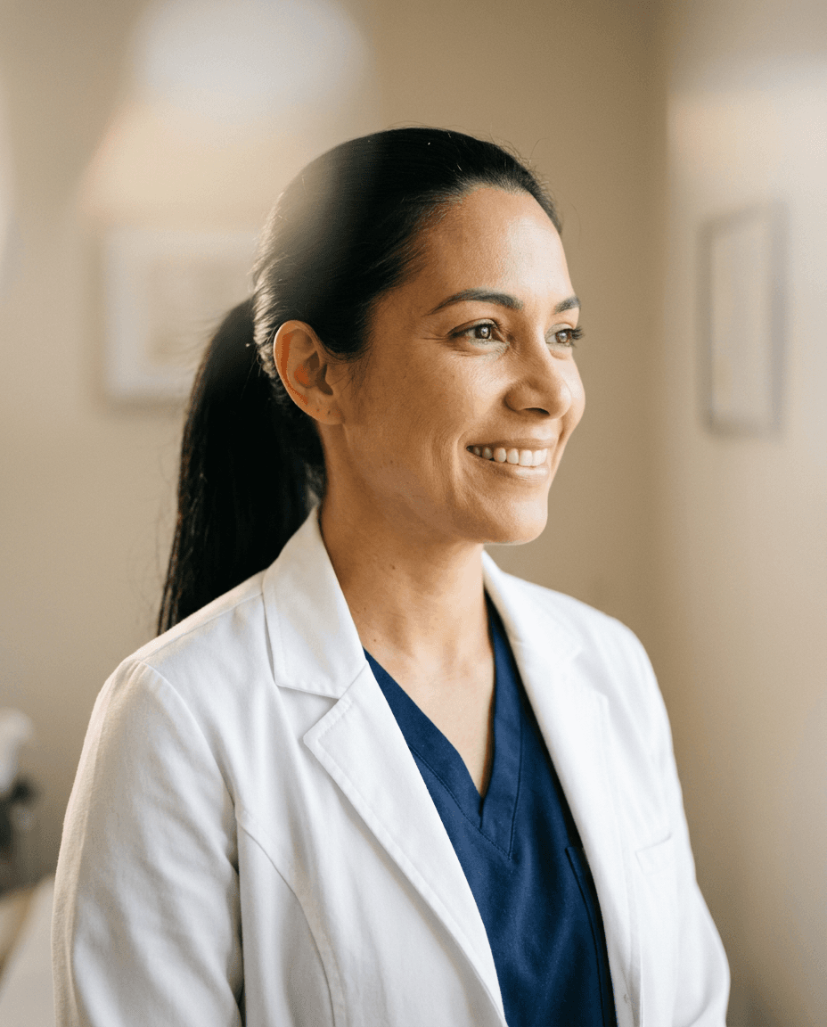 Médica sorridente de jaleco branco